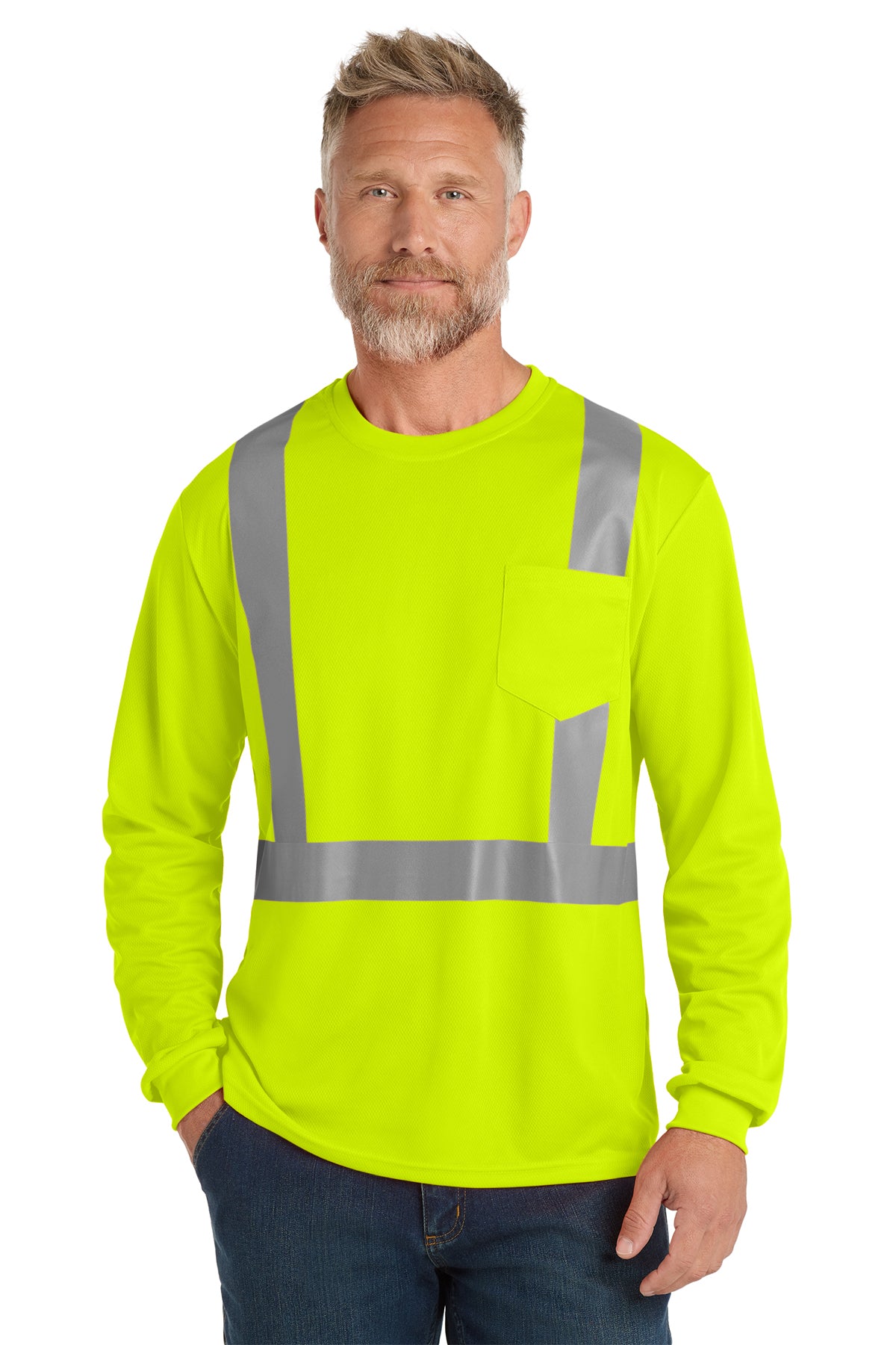 CornerStone® ANSI 107 Class 2 Hi-Vis Mesh Long Sleeve Tee - Safety Yellow - with logo